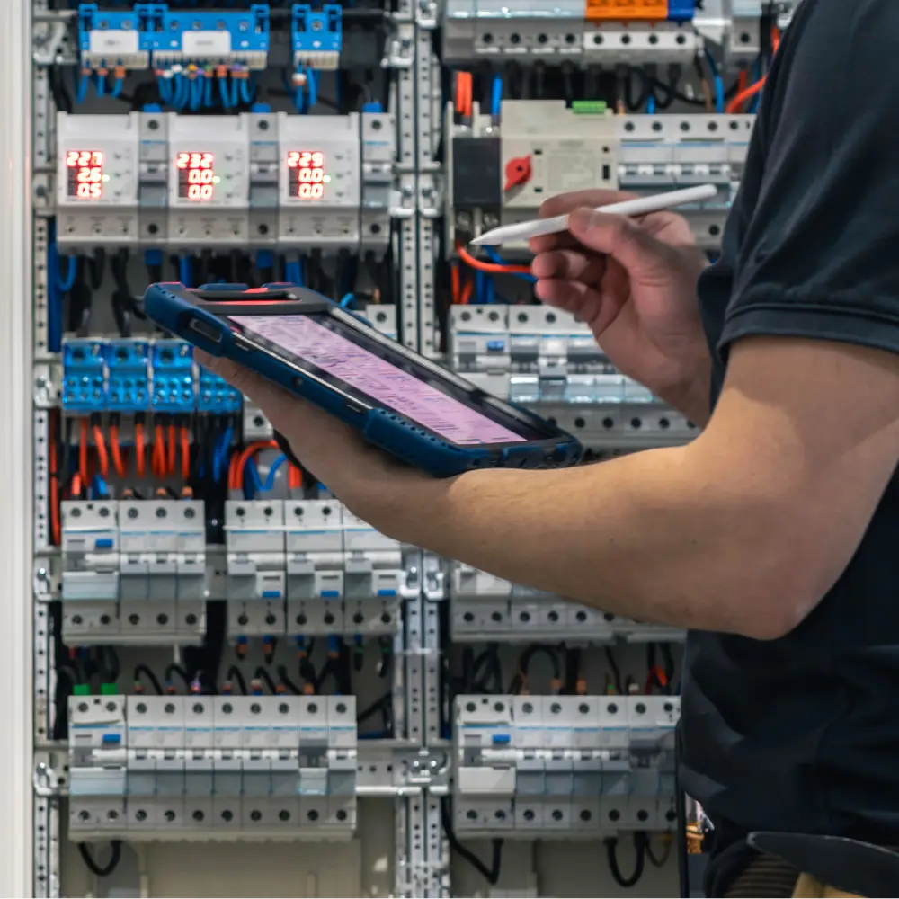 Ein Techniker der Voltmen Elektrotechnik in Oranienburg dokumentiert digital mit einem Tablet und Stift die Messwerte an einem modernen Schaltschrank.