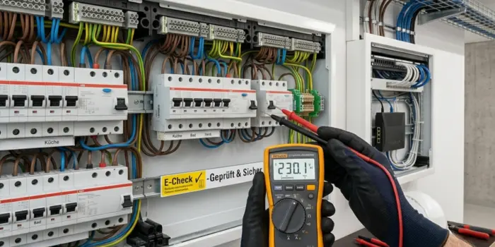 Fachgerechte E-Check-Prüfung einer elektrischen Verteileranlage durch einen Elektriker von Voltmen Elektrotechnik mit einem kalibrierten Messgerät.