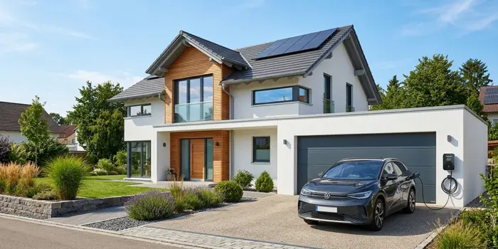 Professionelle Wallbox Installation in Oranienburg für ein Elektroauto an einem modernen Einfamilienhaus mit eigener Photovoltaikanlage von Voltmen.