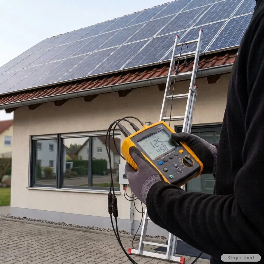 Symbolbild: Elektriker führt PV-Wartungsmessung durch (KI-visualisiert)
